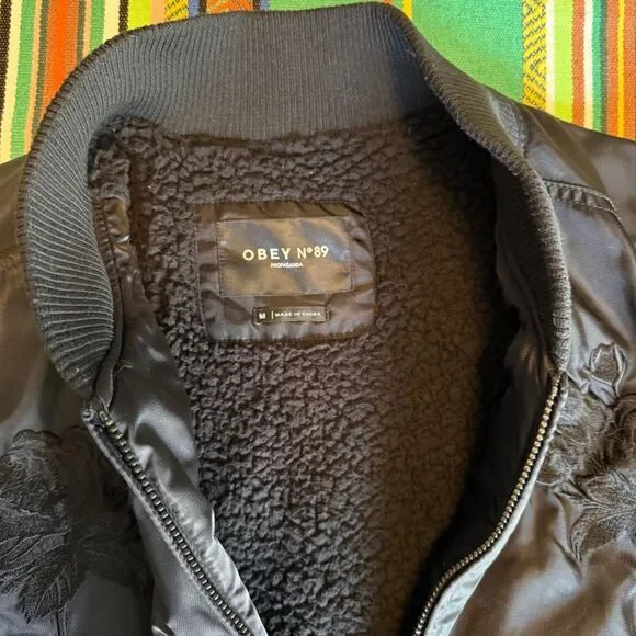 Obey Rose Embroidery Fleece-Lined Longline Black Bomber Jacket size M - Picture 5 of 12